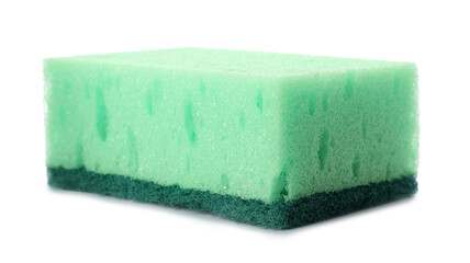Green cleaning sponge with abrasive scourer isolated on white