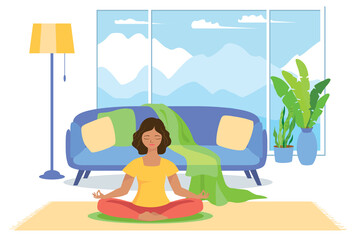 Obraz na płótnie Canvas A girl meditates in the lotus position in a room with a sofa and a large panoramic window overlooking the mountains. Illustration of high professional quality.