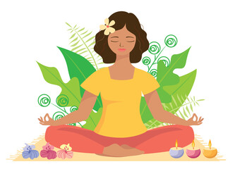 Obraz na płótnie Canvas Woman meditating in nature and leaves. Concept illustration for yoga, meditation, relax, recreation, healthy lifestyle. flat cartoon style . Enlightenment