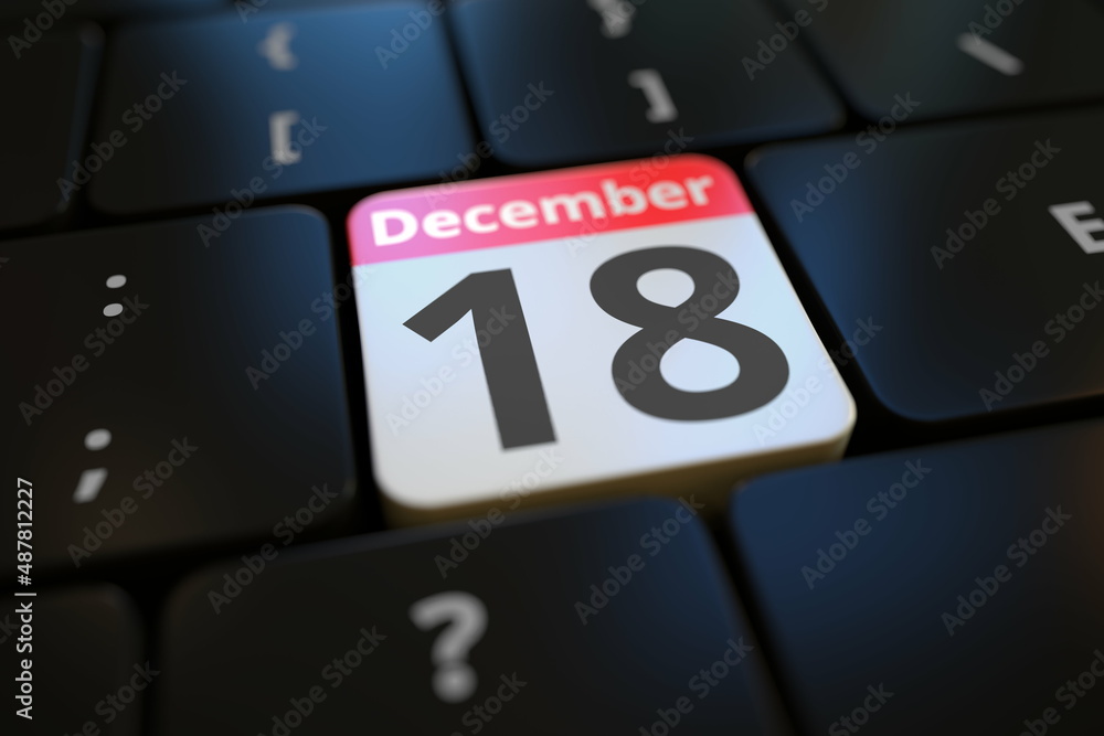 Aufkleber december 18 date on a keyboard key, 3d rendering