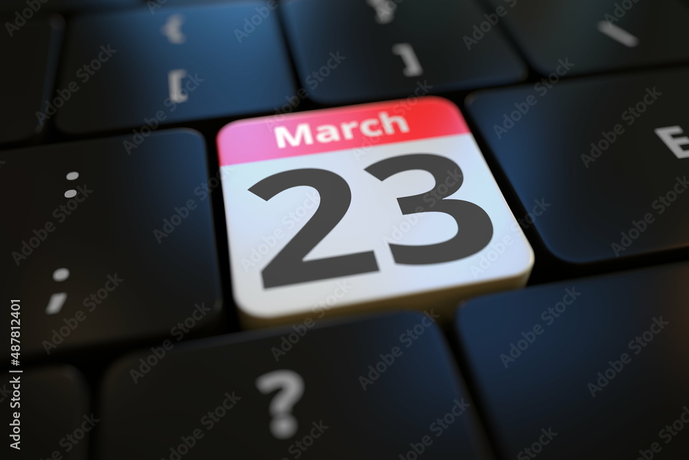 Poster march 23 date on a keyboard key, 3d rendering