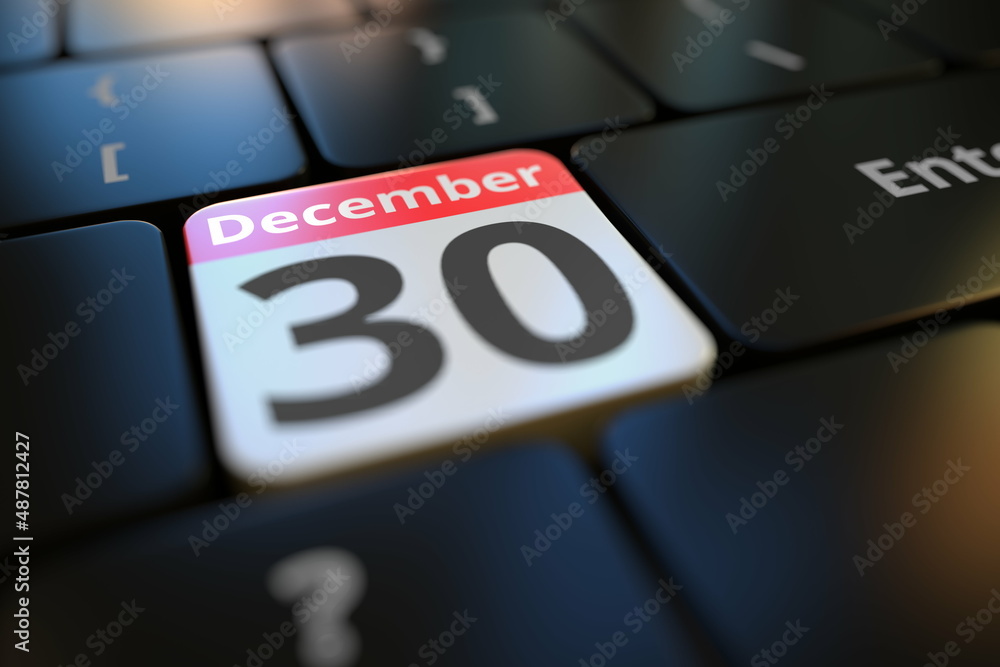 Poster december 30 date on a keyboard key, conceptual 3d rendering