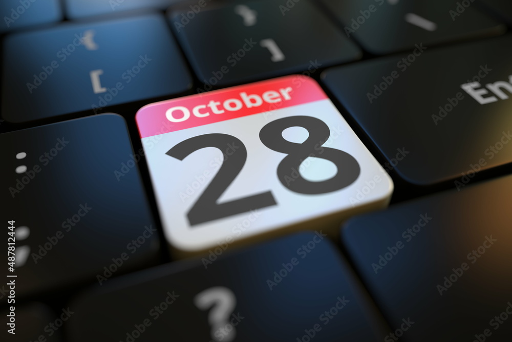 Aufkleber october 28 date on a keyboard key, 3d rendering