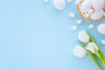 Happy Easter white eggs in a nest and white tulips on a blue background. Flat lay, Place for text