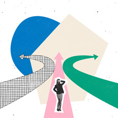 Creative design. Woman, office workers looking at multiple arrow directions, thinking about correct...