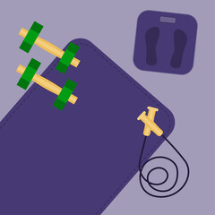 Sports equipment for fitness and yoga. Weight loss and healthy lifestyle. Vector illustration in flat style