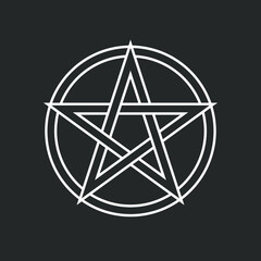 Pentagonal star graphic pentagram. Five pointed star sign isolated on black background. Tattoo or print template. Vector illustration