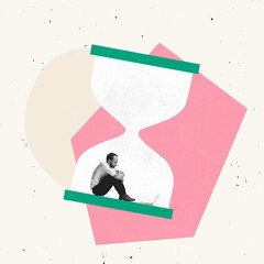 Creative design, contemporary art collage of sad, unhappy looking man sitting in sandglass...