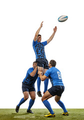 Three male rugby players playing rugby football on grass field isolated on white background. Sport, activity, health, hobby, occupations concept
