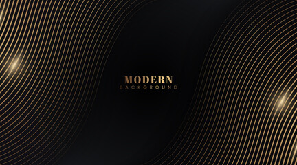 Modern abstract golden line curve on dark background. Minimal graphic composition with stripes lines. Simple wave line design. Suit for cover, poster, advertising, banner, website. Vector illustration