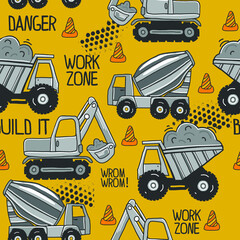 seamless pattern with Hand drawn construction machines . Kids background for textile, fashion, wrapping paper, graphic tees