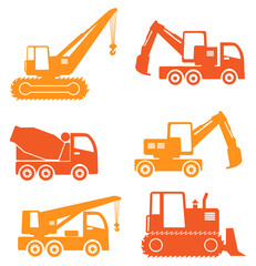 Construction Heavy Vehicle Icons In Orange Yellow Color