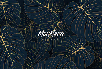 Tropical elegant monstera leaves. Luxury nature leaf texture design with golden line arts on dark blue background. Hand drawn leaf outline element. Luxury simple monstera leaf vector concept. © MooJook