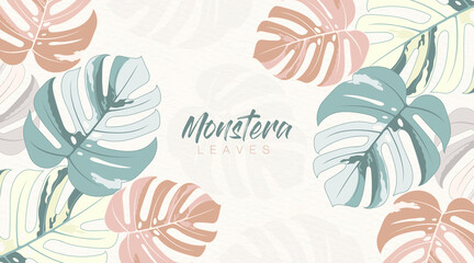 Fototapeta na wymiar Tropical monstera leaves pattern on white background. Pastel botanical vector creative design. Trendy minimalist leaves graphic element. Hand drawn monstera palm leaves vector concept.