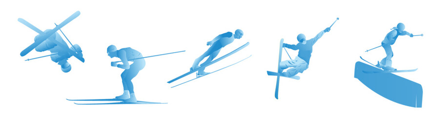  UI design of an abstract man ski jumping on a blue background. Ski Jumping, Freeski Big Air, Freeski Halfpipe - obrazy, fototapety, plakaty