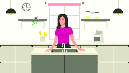 A woman stands behind the kitchen island. The concept of the housewife. Vector illustration