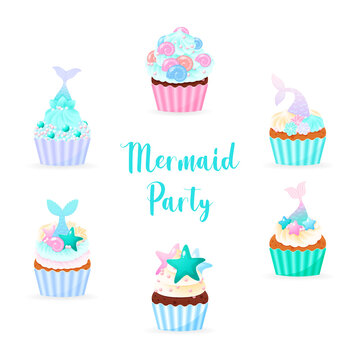 Mermaid party card. Illustrations of 6 birthday cupcakes decorated with cream, sea shells, star fish, pearls and mermaid tails. Vector 10 EPS.