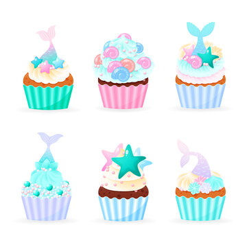 Set of 6 cartoon cupcake icons. Illustrations of birthday sweet muffins decorated with cream, sea shells, star fish, pearls and mermaid tails. Vector 10 EPS.