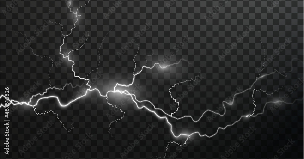 Poster Light white isolated vector lightning png. Magic light abstract lines. Realistic natural lightning effects.