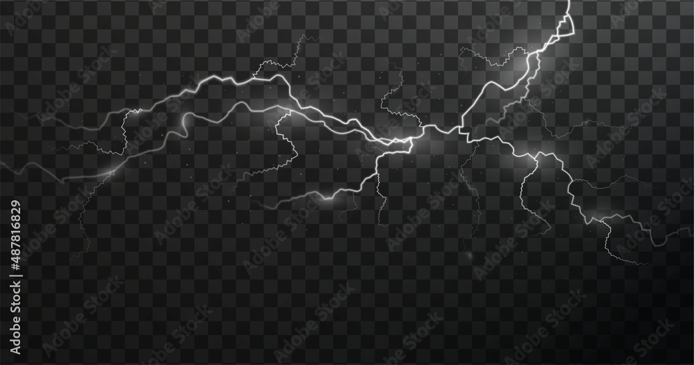 Poster Light white isolated vector lightning png. Magic light abstract lines. Realistic natural lightning effects.