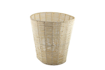 Stack of wicker straw osier handmade baskets different size and pattern at isolated white...