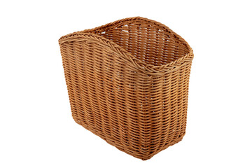 Stack of wicker straw osier handmade baskets different size and pattern at isolated white...