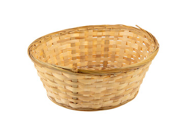 Stack of wicker straw osier handmade baskets different size and pattern at isolated white background for home storage. A set of wicker baskets of different sizes. Handmade.