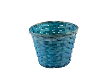 Stack of wicker straw osier handmade baskets different size and pattern at isolated white...