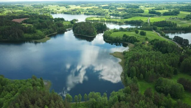 AERIAL: Reflection of Sky on the Surface on Lake near Little Islands Filled with Trees