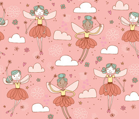 Hand-drawn fairy princess characters in a repeating pattern. Vector illustration great for surface designs or backgrounds.