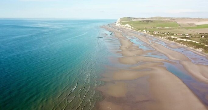 flight towards the cliffs of cap blanc nez on the opal coast in summer, English channel, Cape White Nose, Pas-de-Calais, Hauts-de-France, France, aerial view