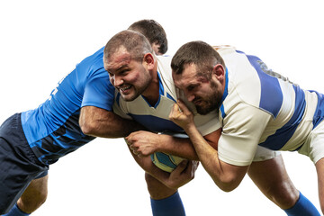 Dynamic portrait of male rugby players playing rugby football on grass field isolated on white background. Sport, activity, health, hobby, occupations concept