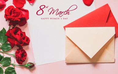 Happy Women Day holiday cart. Text 8 March. vivid red roses. Vertical format design ideal for web banner or greeting card.
