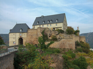 Photography of the ruins castle walls and castle buildings of Ebernburg in light cloudy sky. Some plants entwine on the castle wall and on the rock on which the castle stands