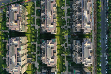 Aerial top view of modern European townhouse buildings in China