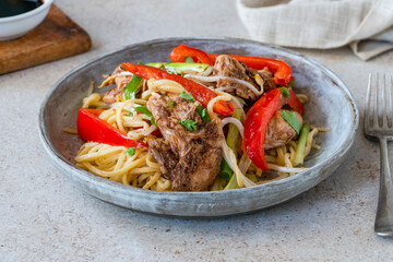 Chicken chow mein with red pepper and egg noodles