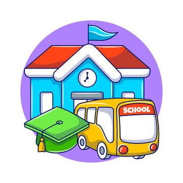 Education doodle art, with hand drawn of school, bus and graduation hat illustration