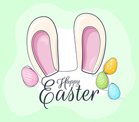 Happy Easter greeting card with colorful eggs and bunny ears in flat design