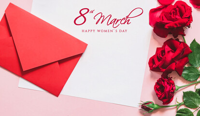 Text 8 March. Happy woman day. card mockup with flower on white background. Love letter. Note paper with envelope, red rose.