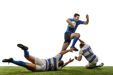 Muscled men, professional rugby players playing rugby football on grass field isolated on white...