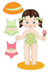 Illustration with a summer paper doll to cut out with beach dresses