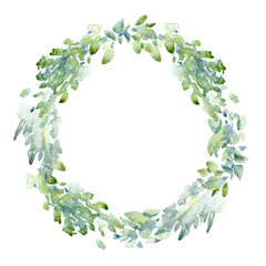 Floral wreath.Garland of a birch branches.Frame of a herbs.Watercolor hand drawn illustration.It can be used for greeting cards, posters, wedding cards.	 - 487821014