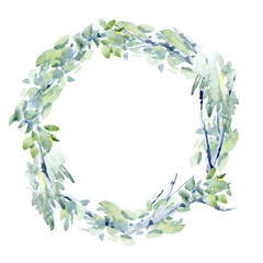 Floral wreath.Garland of a birch branches.Frame of a herbs.Watercolor hand drawn illustration.It can be used for greeting cards, posters, wedding cards.	 - 487821016