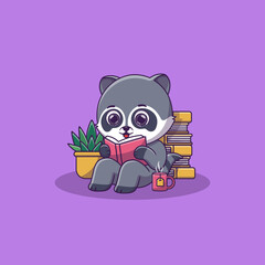 cute raccoon sitting while reading book