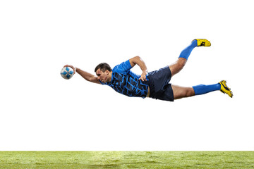 One man, rugby player catching ball in jump isolated on white background. Jump and action concept....