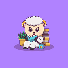 cute sheep sitting while reading book