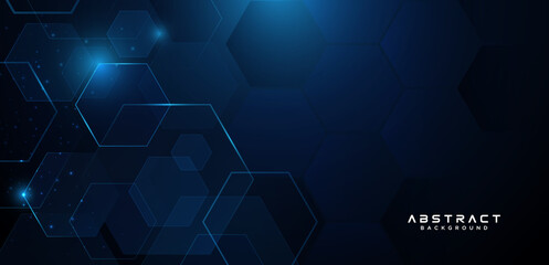 Obraz na płótnie Canvas Abstract medical and science or technology background with hexagons geometric pattern. Dark blue digital hi tech vector design concept with light effect. Suit for poster, cover, banner, brochure