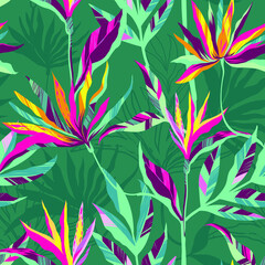 Abstract seamless tropical pattern. Floral repeated print for fashion textile, girl clothes, wrapping paper. Endless topic ornament on green background drawing in sketch style.