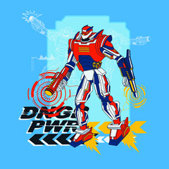 Robot vector illustration for boy t shirt design. Big powerful robotically man with weapon. Dangerous cyborg poster. © Kseniia Koval