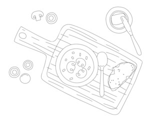 mushroom soup in a bowl with a spoon and a piece of buttered bread on a wooden board next to a plate with butter and a knife. simple vector illustration in doodle style.